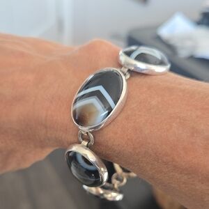 Charles Albert Sterling Silver Black Banded Agate Toggle Clasp Bracelet